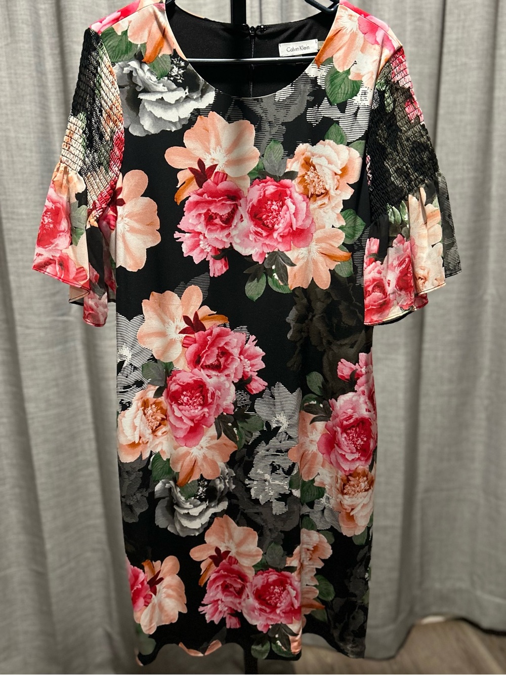 Calvin Klein Black Floral Shift Dress with Pink and Peach Blooms